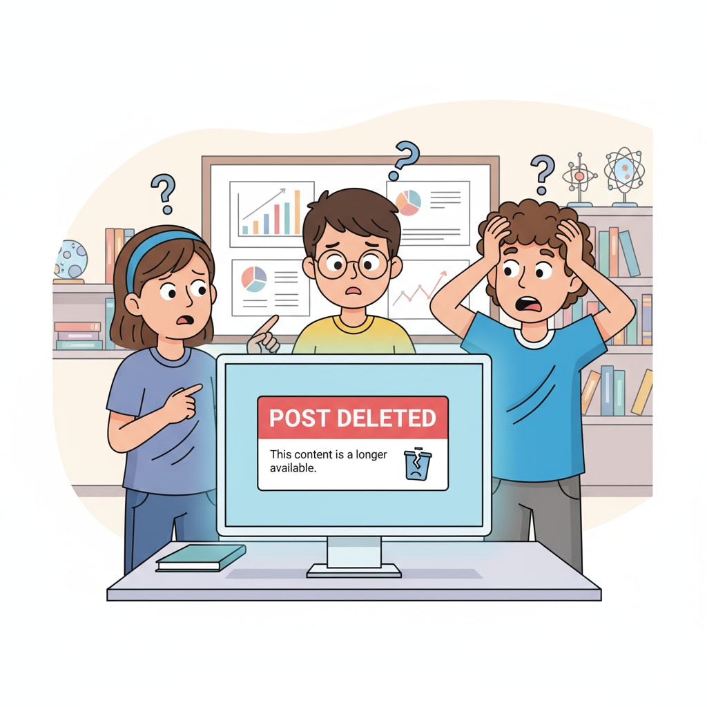 A group of students are looking at a computer screen with a surprised and confused expression as the screen shows a message about a post being deleted. Students reacting to post deletion without explanation and forum rules implications