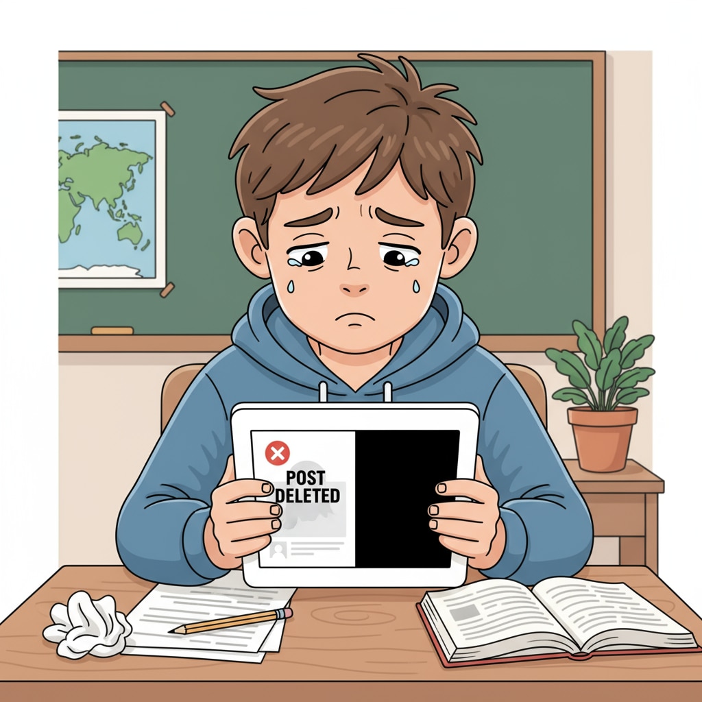 An illustration shows a student sitting at a desk, looking sad while holding a tablet that displays a deleted post and a blank screen. Student's disappointment due to post deletion without explanation and forum rules