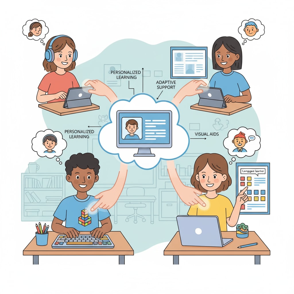 An illustration depicting students with autism receiving assistance from an online learning platform, highlighting the support aspect. Students with autism getting help from an online learning platform to handle academic tasks