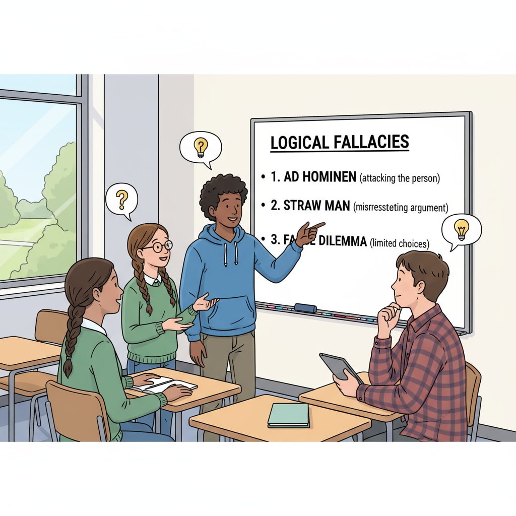 A group of high school students is engaged in a lively discussion, with one student pointing to a board where examples of logical fallacies are written. High school students discussing logical fallacies