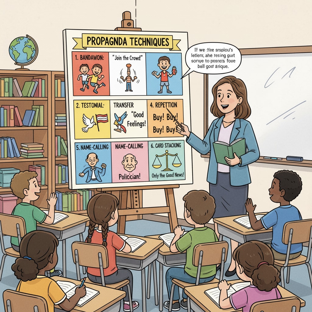 In a classroom, students are looking at a poster with examples of propaganda techniques while the teacher is explaining. High school students analyzing examples of propaganda