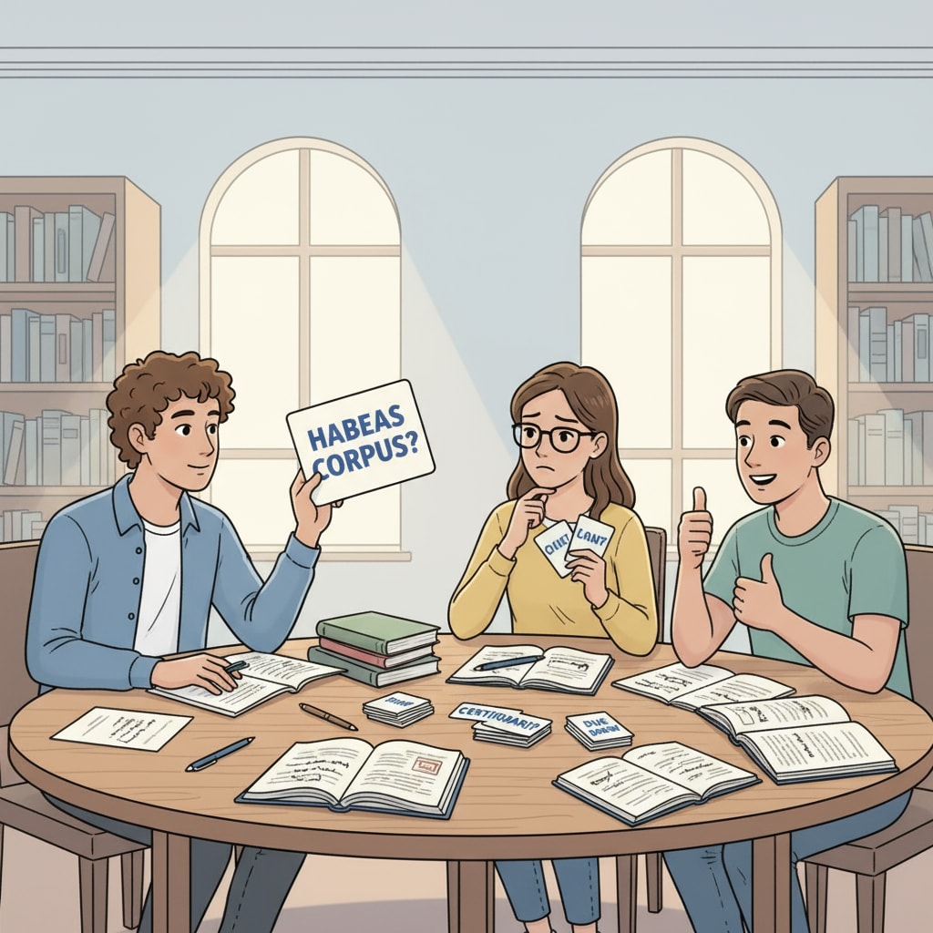 A group of students sitting around a table, using flashcards to study legal concepts. Some are holding the flashcards, reading the questions aloud, and trying to recall the answers. Students practicing active recall with flashcards during legal learning