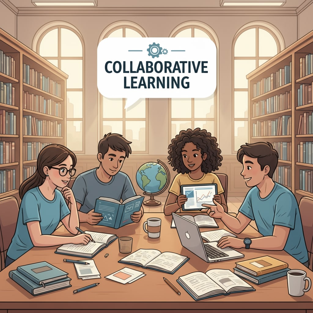 A group of students studying together in a library, showing their focus and collaboration in the learning environment. High school students collaborating on self-education and improving performance in the library.