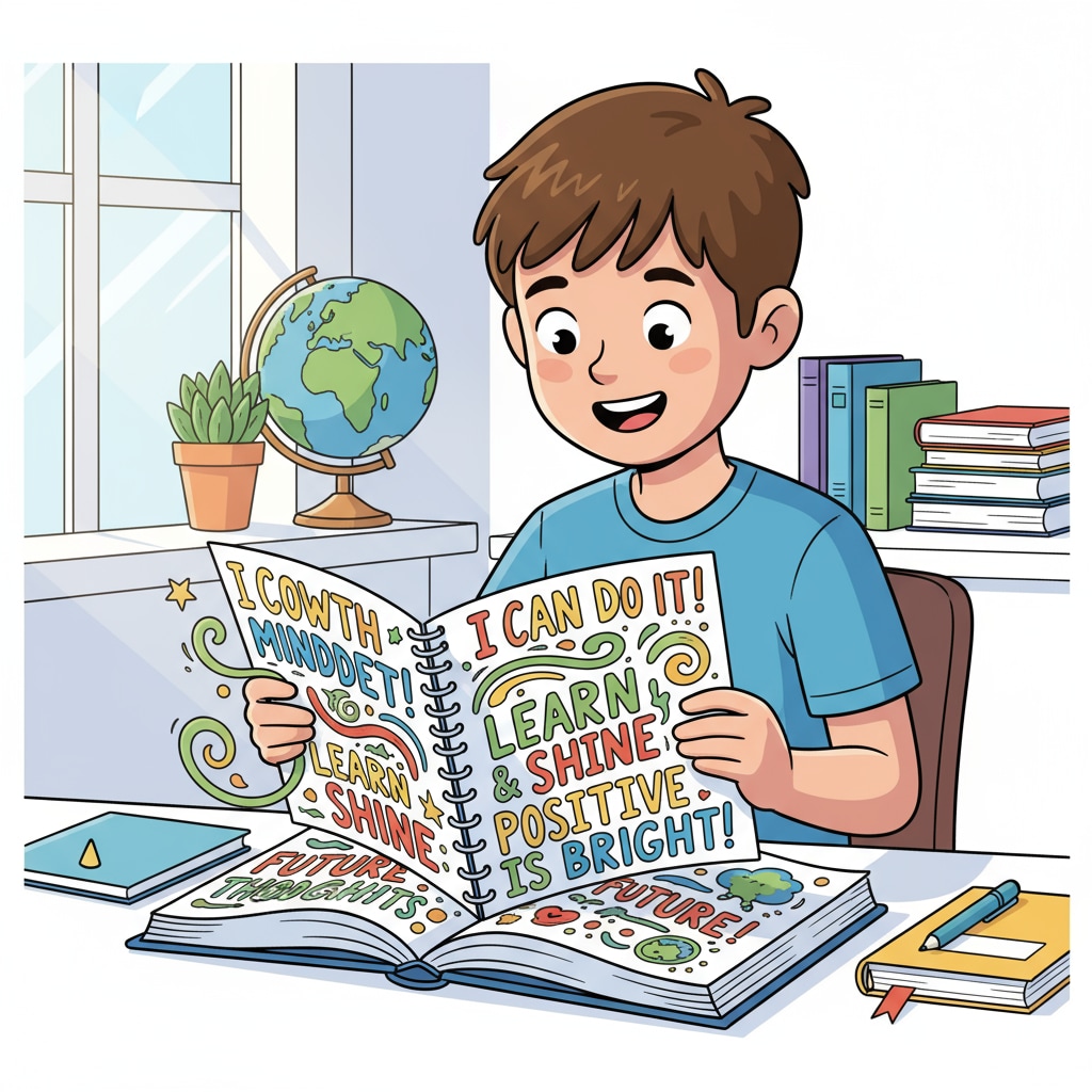A student smiling while looking at a book with positive affirmations, depicting a positive mindset towards learning and self-improvement. Student with a positive mindset for self-education and better high school performance.