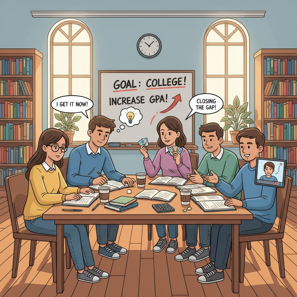 A group of high school students studying together in a library, showing their determination to improve academic performance. This image represents students taking positive steps to enhance their high school performance and fill educational gaps. High school students working together to improve performance and acquire key skills.