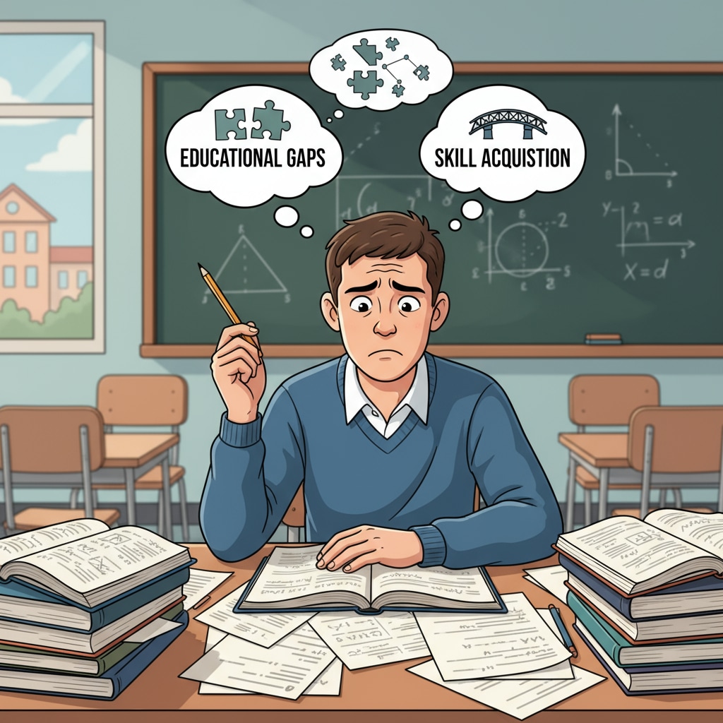 A student sitting at a desk, looking confused at textbooks, representing learning difficulties. This image depicts the challenges students face in high school due to educational gaps and the struggle to acquire key skills. A student facing difficulties in high school learning due to educational gaps.