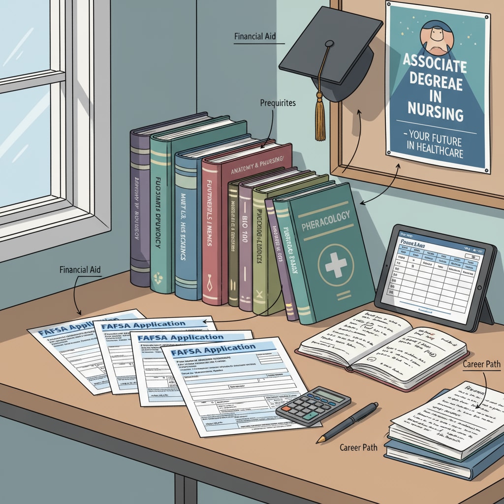 An illustration showing a student sitting at a desk, looking at FAFSA application forms with nursing textbooks and notebooks in the background, highlighting the connection between FAFSA, nursing prerequisites, and the associate degree journey. A student looking at FAFSA application forms with nursing books in the background, related to FAFSA, federal aid, nursing prerequisites, and associate degrees
