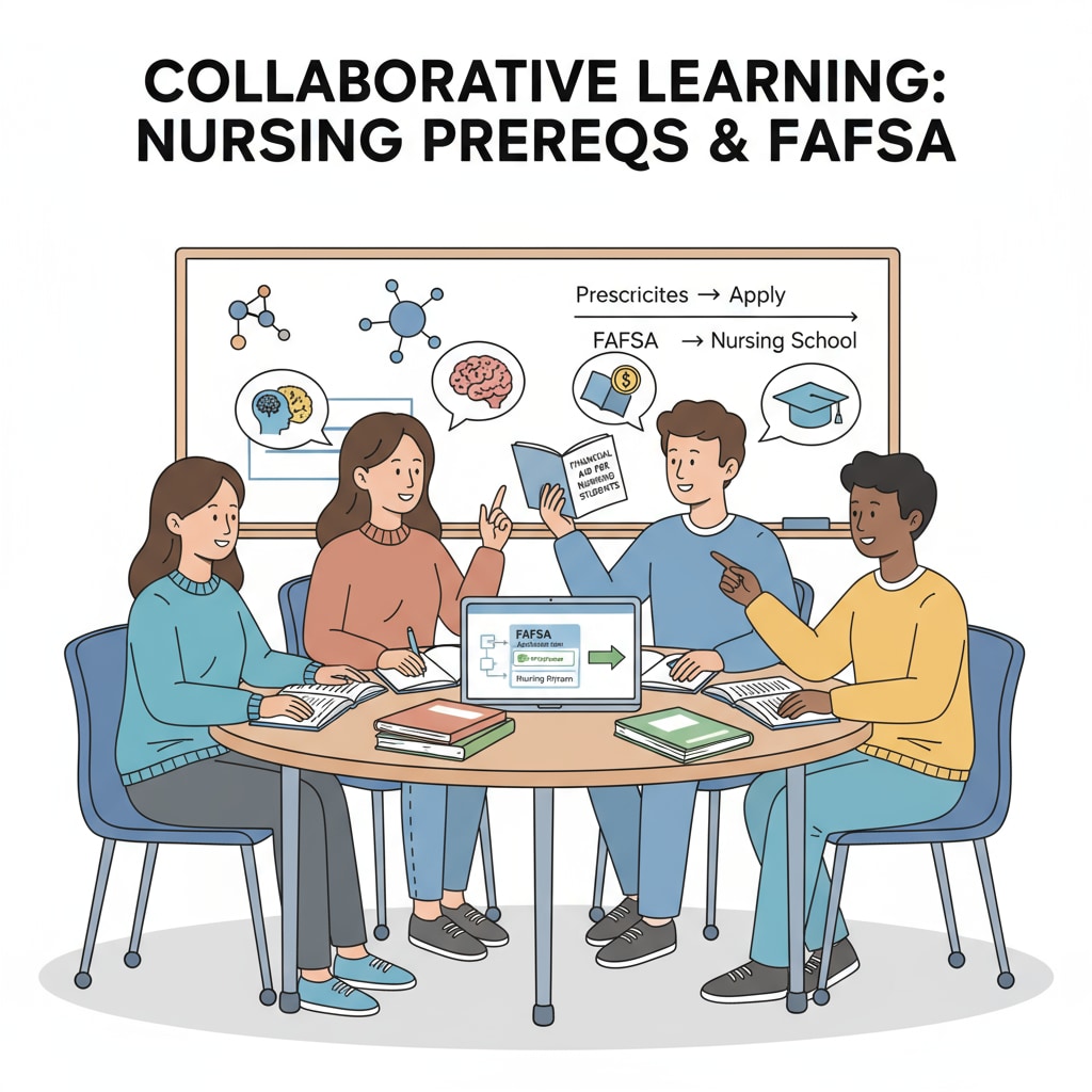 A picture of a group of students sitting around a table in a classroom, studying materials related to nursing prerequisites, emphasizing the collaborative learning environment for nursing students applying for FAFSA. Group of students studying nursing prerequisites in a classroom, relevant to FAFSA, federal aid, nursing prerequisites, and associate degrees