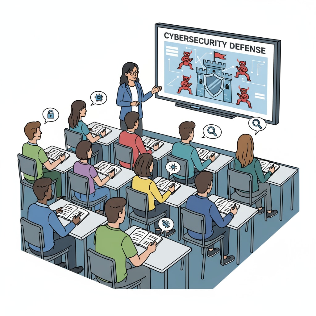 Students are listening intently to a cybersecurity lecture, with notebooks in hand, taking notes. K12 students listening to a cybersecurity lecture to increase their understanding in line with student engagement in cybersecurity education