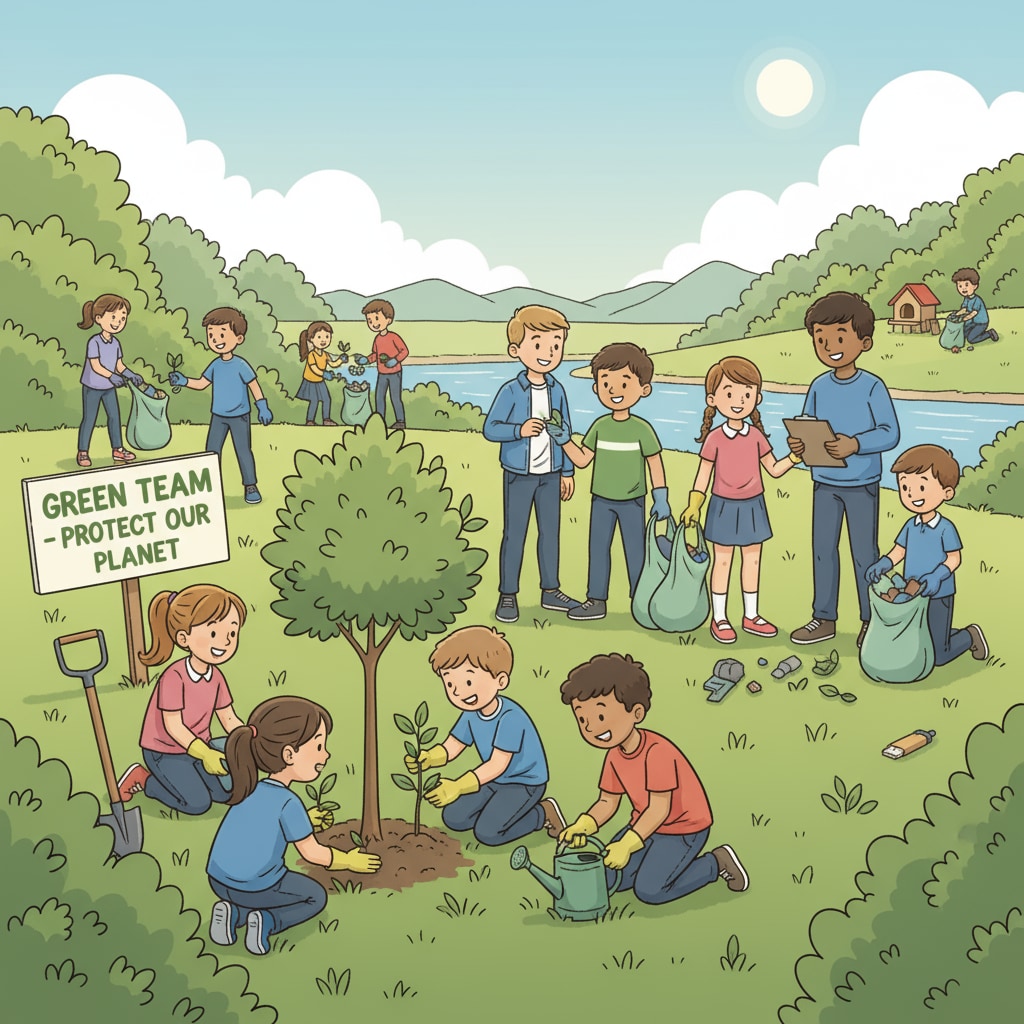 A group of K-12 students are actively involved in an environmental conservation activity, showing enthusiasm and teamwork. K-12 students participating in conservation education activity for social change and environmental protection