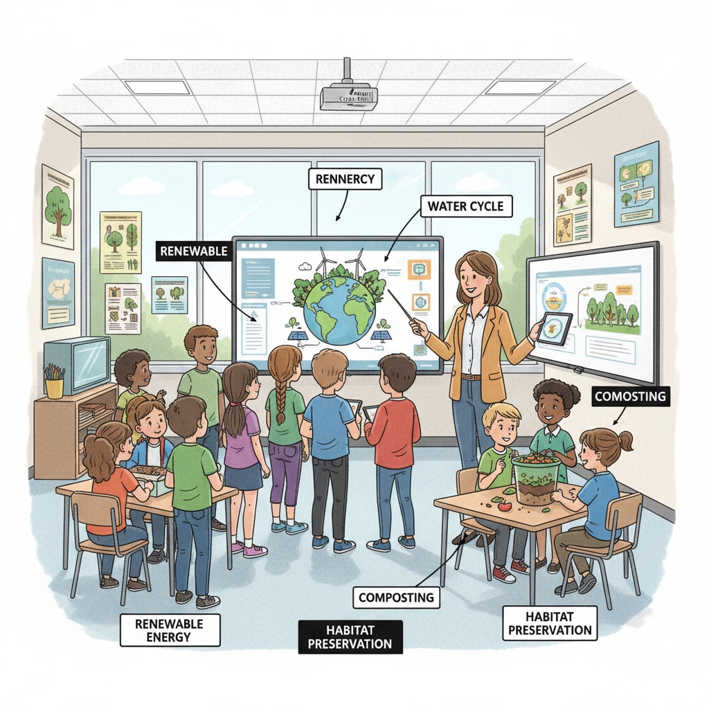 In a classroom, K-12 students are attentively learning about environmental conservation through interactive displays, indicating an engaging learning environment. K-12 students learning conservation education for social change and environmental protection in a classroom
