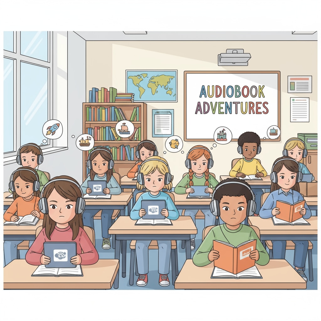 Students are sitting in a classroom, wearing headphones and listening attentively to audiobooks. Students listening to audiobooks in a classroom related to Chinese education and reading abilities
