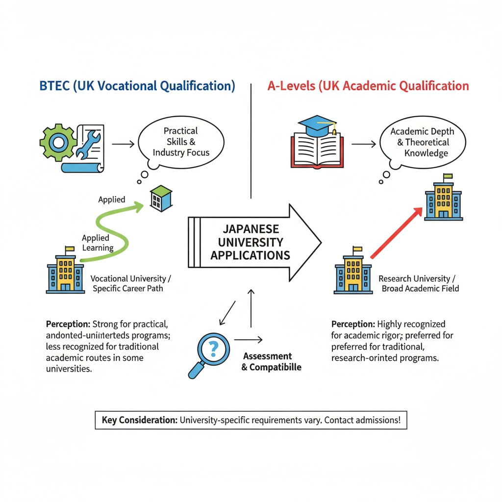 A visual comparison showing how BTEC and A-levels are perceived in the context of applying to Japanese universities, including aspects like academic focus and practical skills emphasis. Comparison of BTEC and A-levels in Japanese university applications