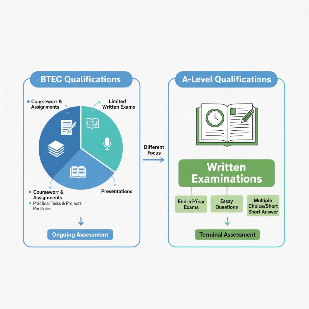 An illustration depicting the different assessment methods of BTEC and A-levels, such as coursework in BTEC and written exams in A-levels. Illustration of differences between BTEC and A-levels assessment methods