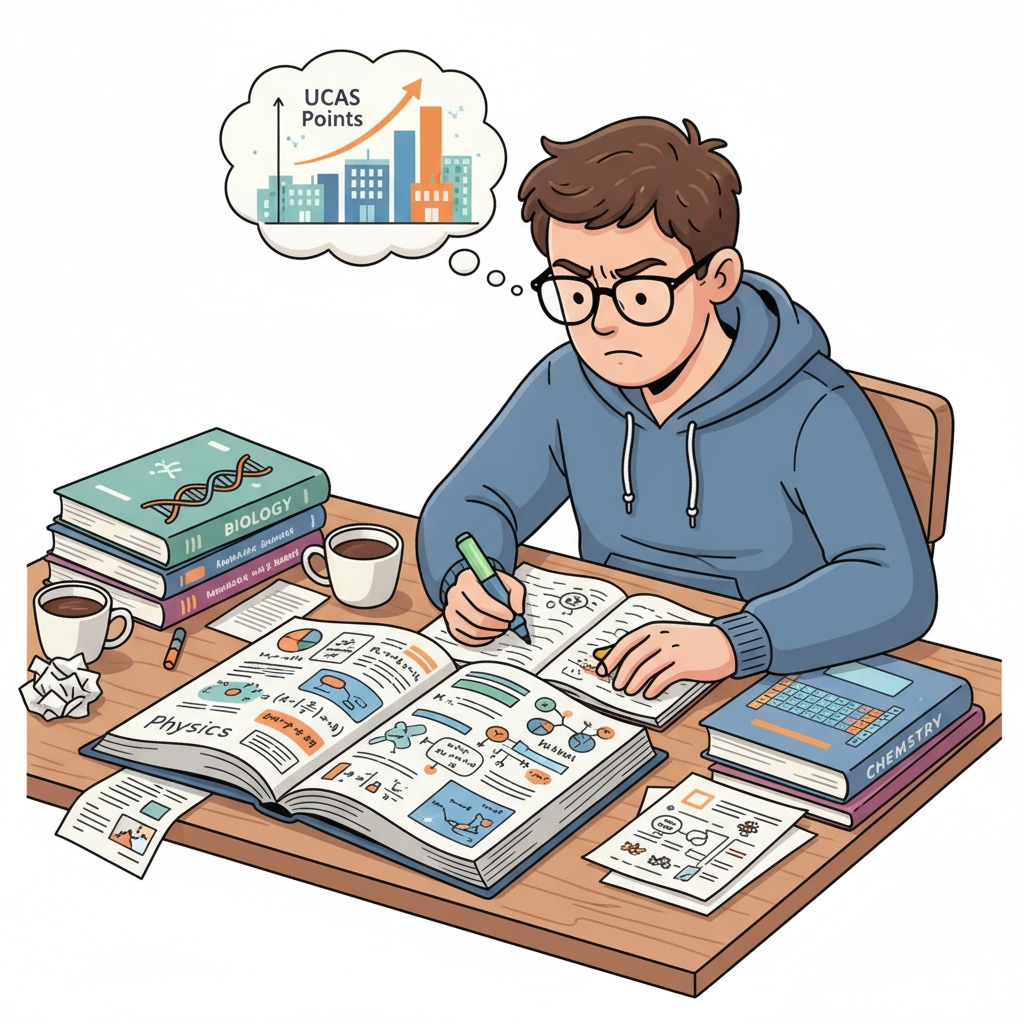 A student studying A-Levels materials, looking determined to achieve more UCAS points A student focused on A-Levels study for more UCAS points related to foundation year courses