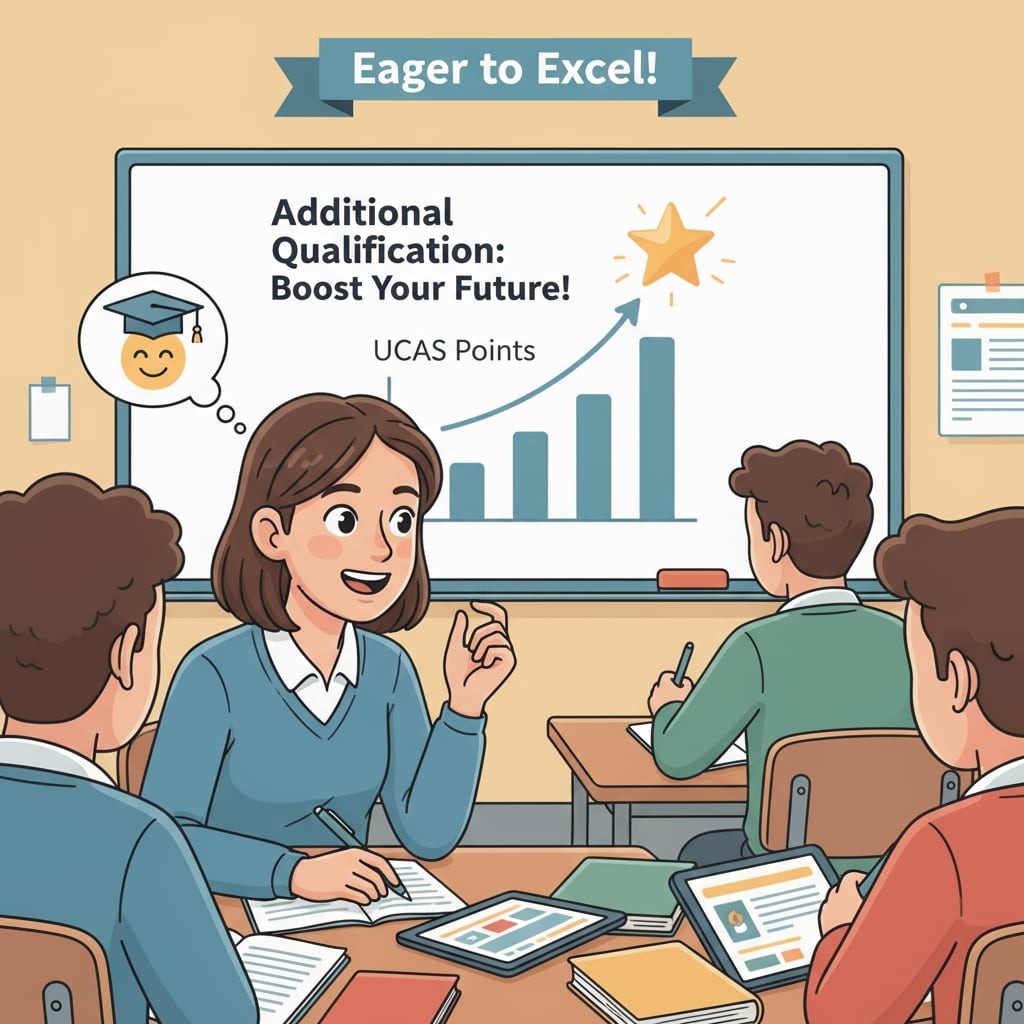 A student attending an additional qualification class, showing eagerness to earn more UCAS points A student eager to earn UCAS points by taking additional qualifications for A-Levels and foundation year courses