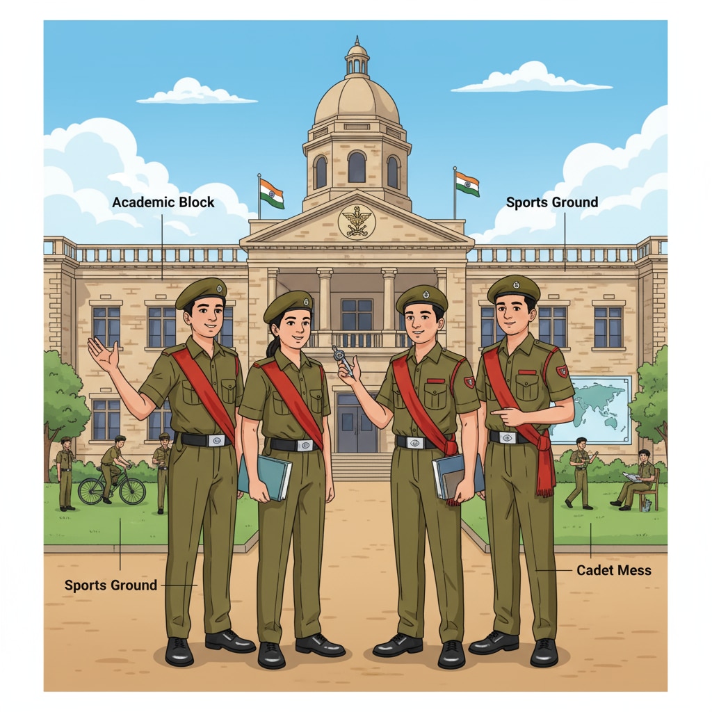 Students in Sainik School uniforms in front of the building related to Sainik School entrance exam and application process