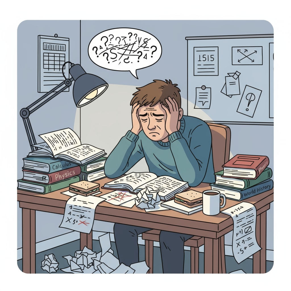 A student sitting at a desk, looking frustrated with books and papers scattered around, representing academic struggle A student facing academic failure, showing signs of frustration