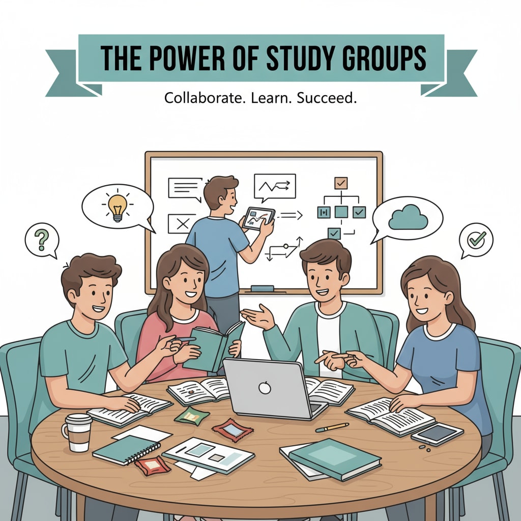 A group of students sitting around a table, discussing and studying together, showing the power of study groups Students collaborating in a study group to improve academic performance