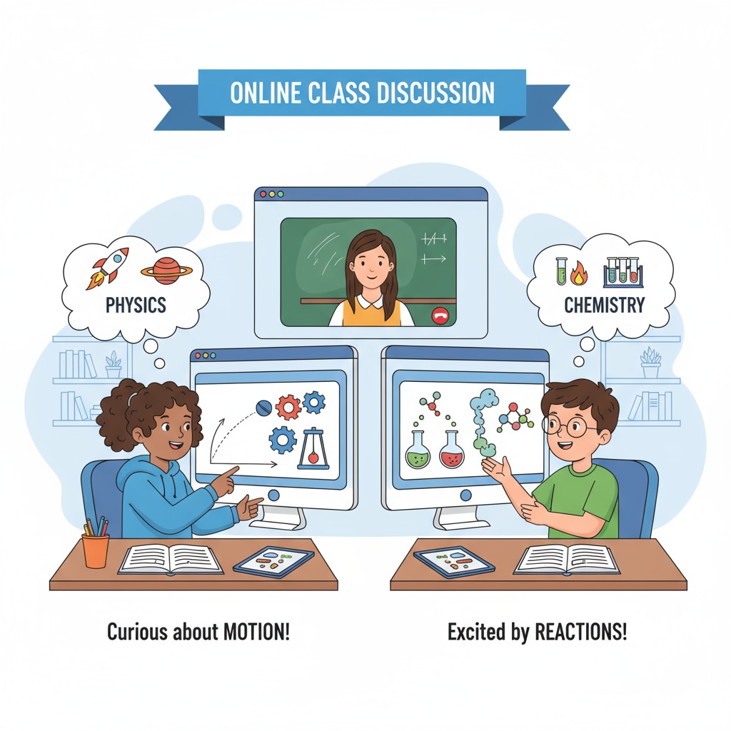 Two students are having an online class discussion. One is expressing interest in physics concepts like motion, while the other is showing enthusiasm for chemical reactions. Students discussing their interest in physics or chemistry during an online class related to the health field