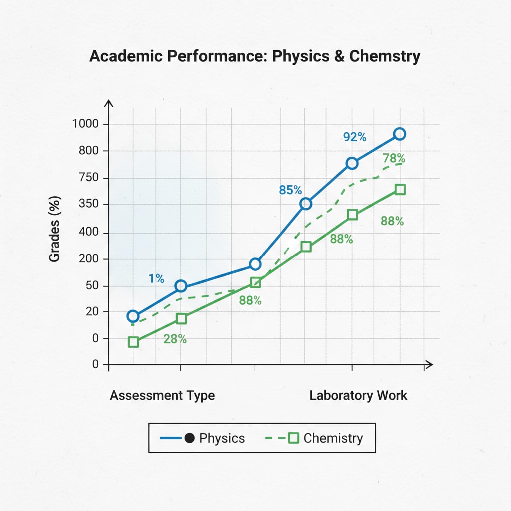 A graph presenting the academic performance of a group of students in physics and chemistry, including test scores and laboratory work grades. Academic performance comparison between physics and chemistry of a group of students in the context of online learning and the health field