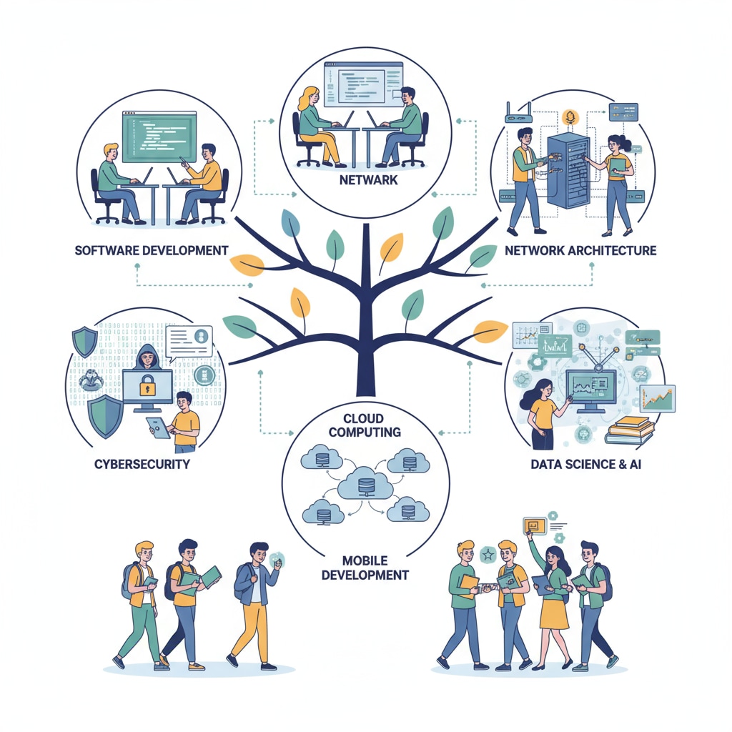 An illustration depicting different IT specializations with students engaged in study activities, representing the learning environment for these fields. Illustration of students studying different IT specializations including Information Systems Engineering, Information and Communication Technology Engineering, and Artificial Intelligence and Robotics Engineering