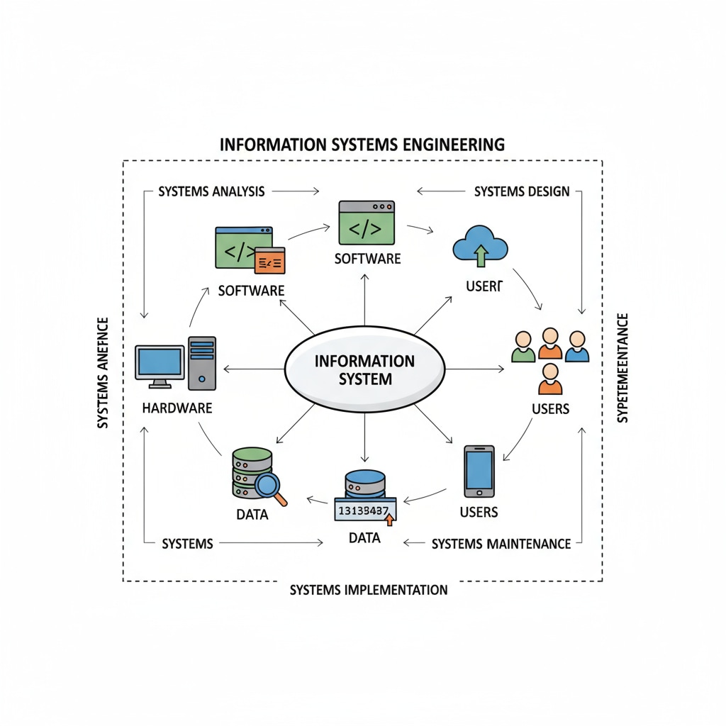 A diagram visually showing the key components of an information system, such as hardware, software, data, and users, highlighting the elements involved in Information Systems Engineering. Diagram of the components of an information system relevant to Information Systems Engineering, Information and Communication Technology Engineering, and Artificial Intelligence and Robotics Engineering