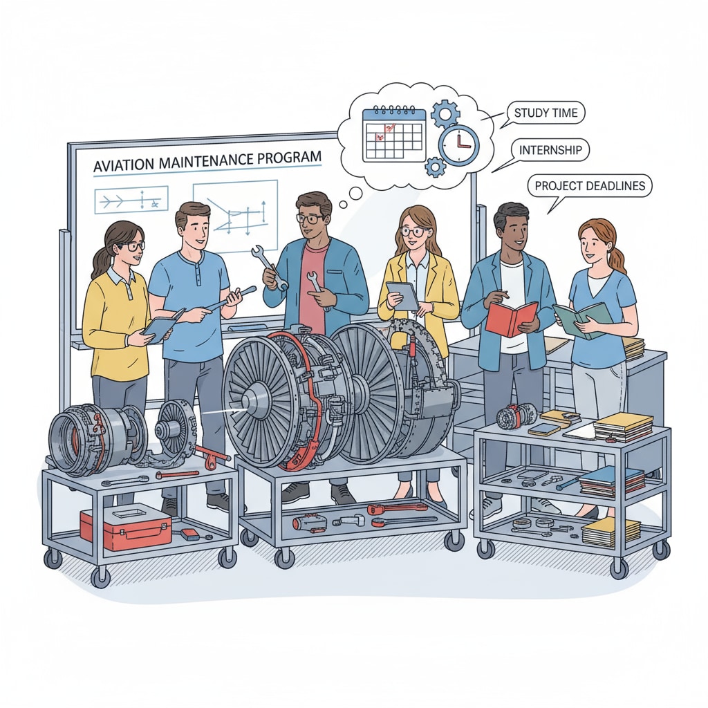 Aviation maintenance students discussing study-time balance during internship