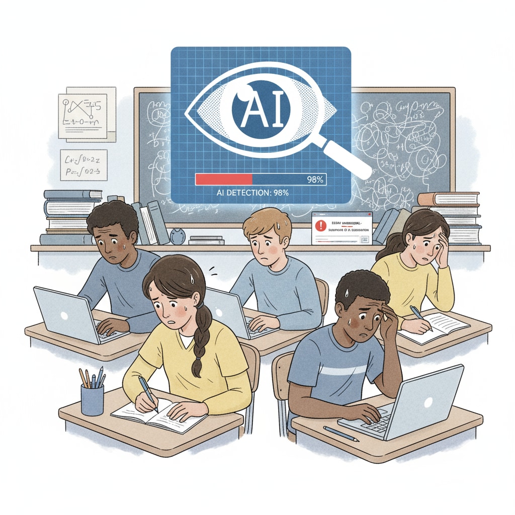 High school students showing signs of stress in creative writing class because of AI detection.