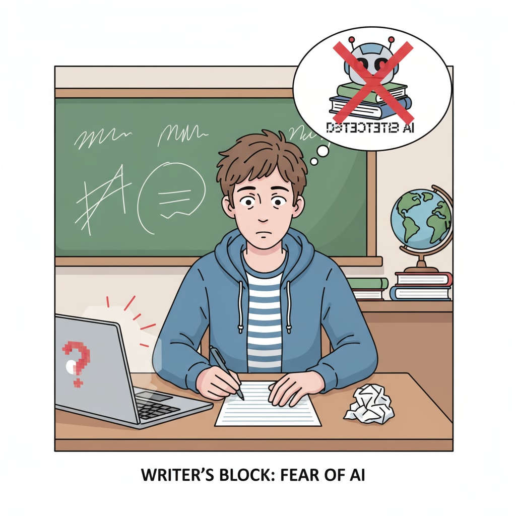A student experiencing creative block in writing class due to the fear of AI detection.