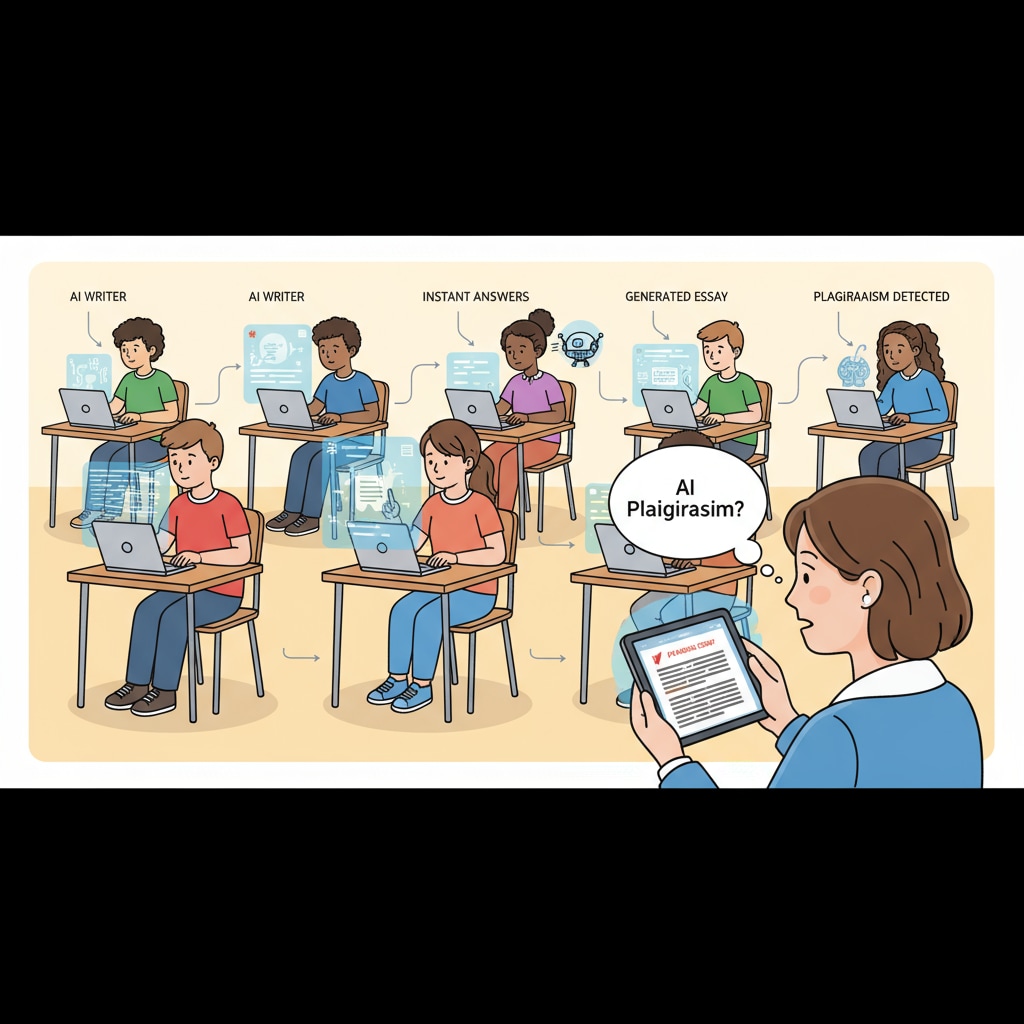 Students using AI tools in a classroom setting related to student cheating, ChatGPT, homework, and children's free time