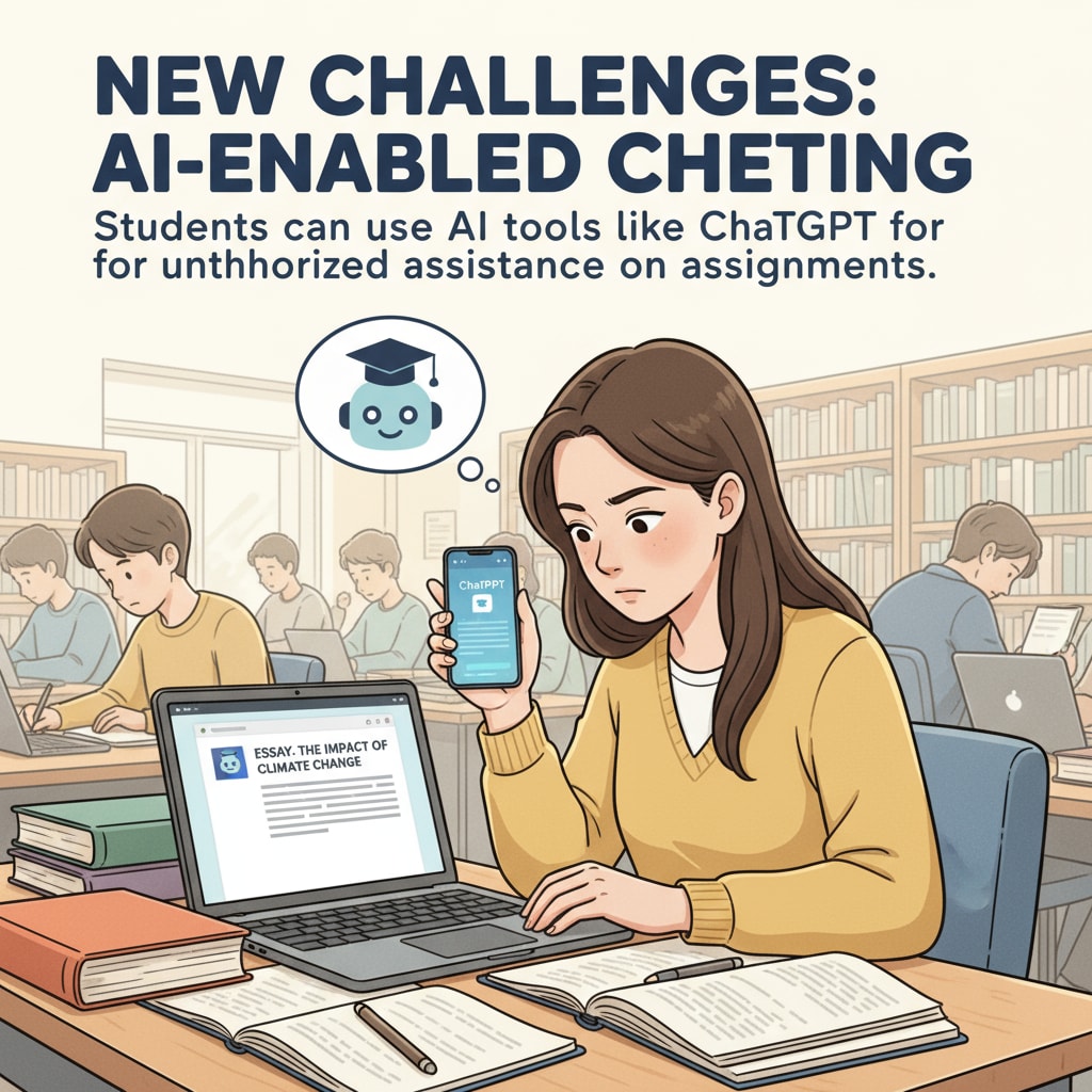 A student secretly using ChatGPT on a device during an assignment related to student cheating, ChatGPT, homework, and children's free time