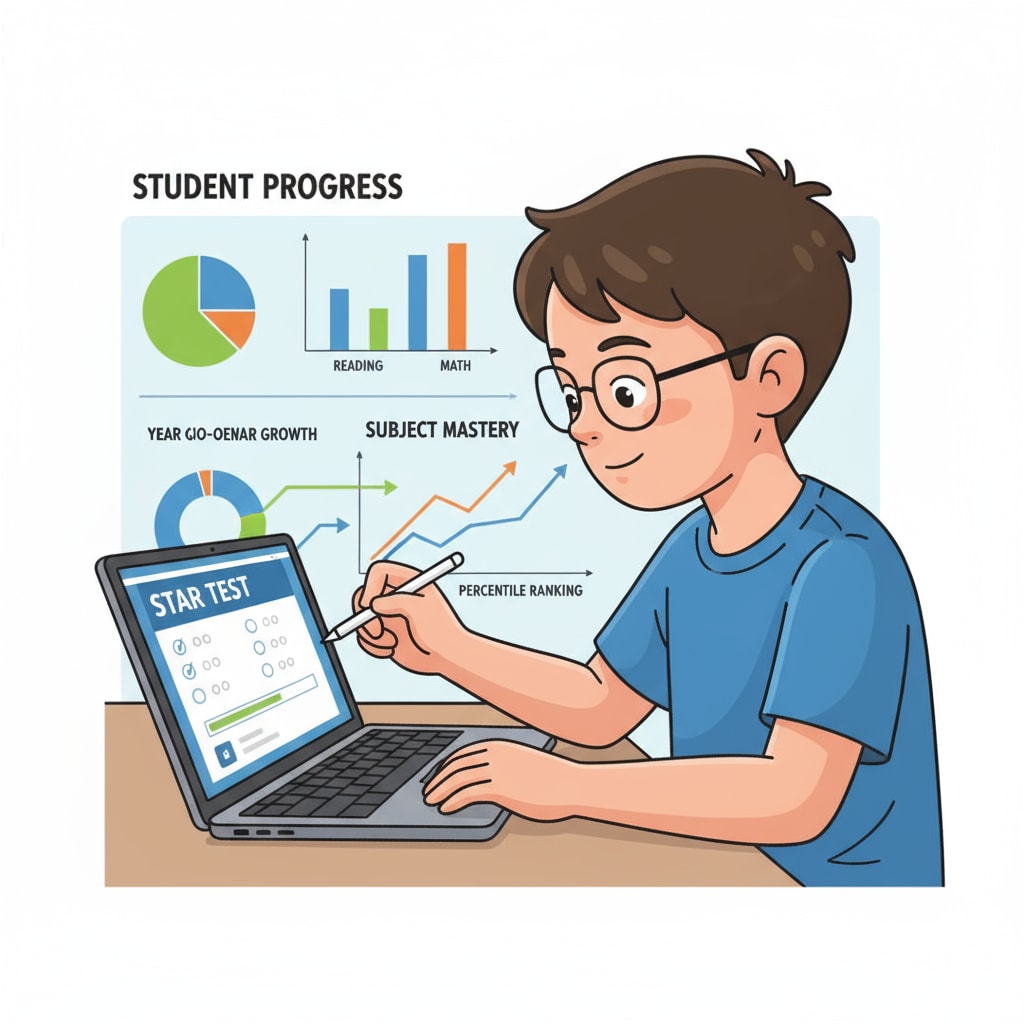 A student taking the STAR test with visual representation of test results