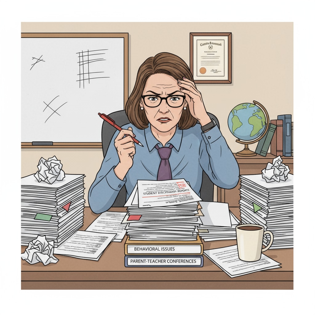 Frustrated educator dealing with paperwork related to problem students and lack of support