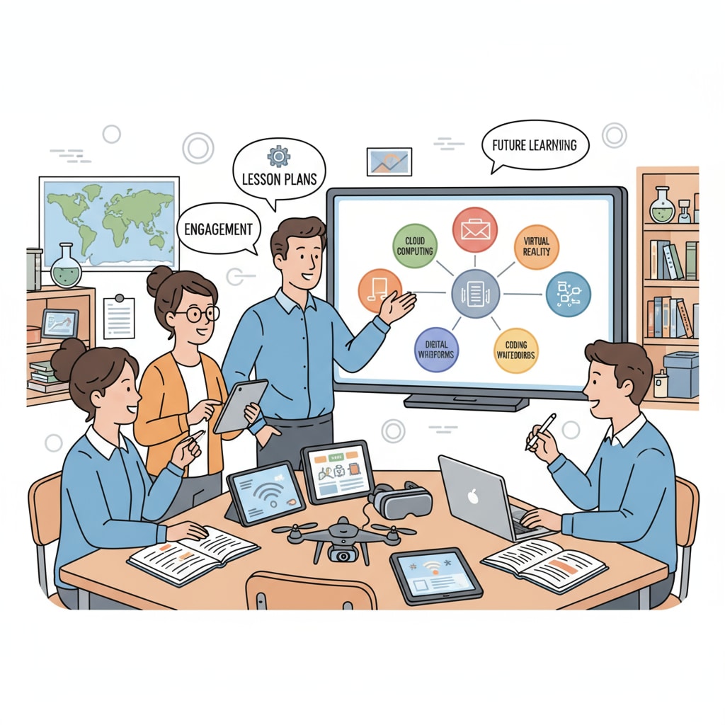 A group of K12 teachers are engaged in a discussion about modern teaching technologies within a classroom setting. They are looking at a smart board and some digital devices, sharing ideas on how to incorporate these technologies into their lessons. K12 teachers discussing modern teaching technologies in a classroom for enhanced teaching effectiveness