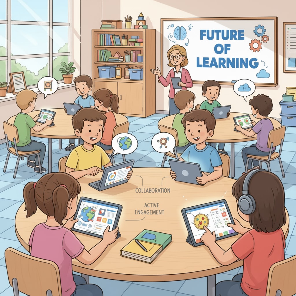 Students in a K12 classroom are using tablets to access various educational resources. They are interacting with the content, collaborating with each other, and showing signs of active engagement in the learning process. Students using tablets in a K12 classroom to access educational resources for better learning outcomes related to modern teaching technologies