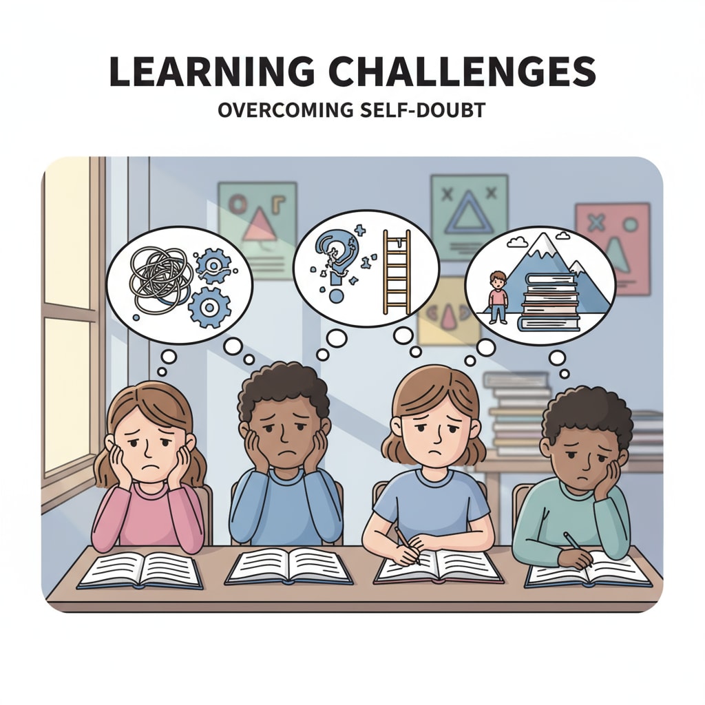 A group of K12 students sitting in a classroom, looking worried, representing self-doubt in learning. K12 students showing self-doubt in the classroom related to intellectual disabilities, self-doubt, and learning abilities