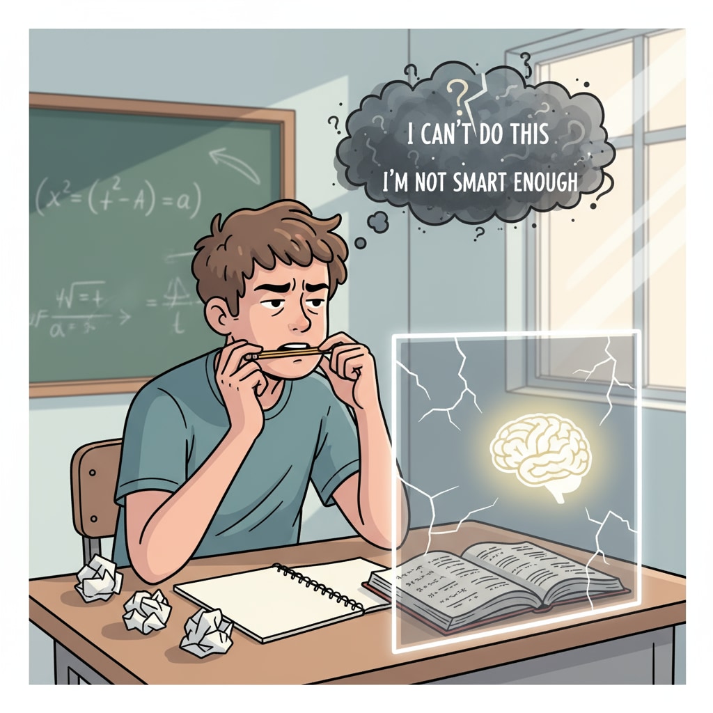 A student sitting at a desk, looking distracted and frustrated, indicating the impact of self-doubt on learning. A student experiencing the impact of self-doubt on learning in relation to intellectual disabilities, self-doubt, and learning abilities