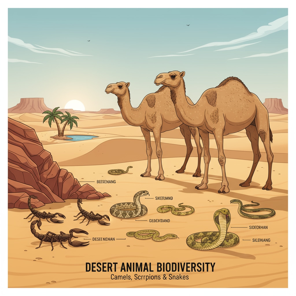 A group of desert animals including camels, scorpions, and snakes are shown in their natural desert habitat. The camels are standing in the sand, the scorpions are near some rocks, and the snakes are slithering around. This scene depicts the diverse desert animal life. Desert animals' evolutionary adaptations and survival mechanisms in their natural habitat