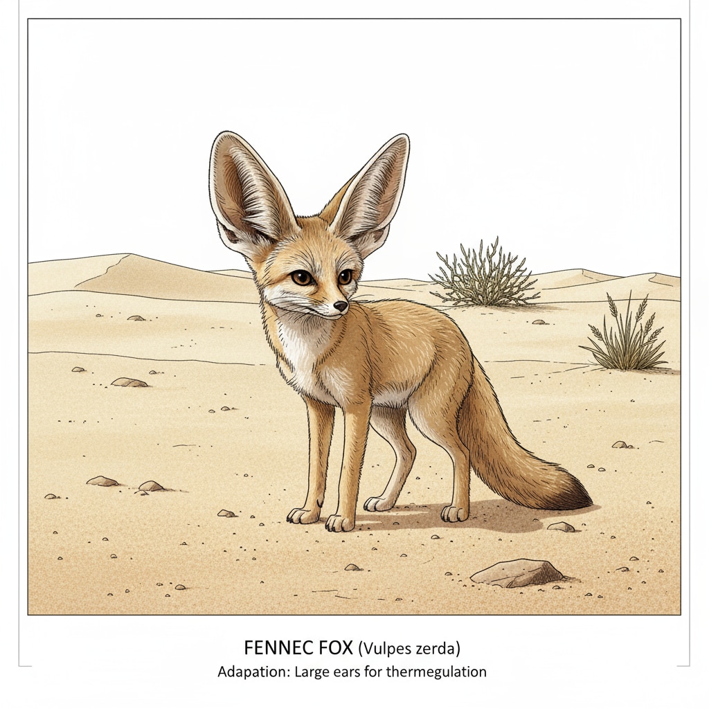 A fennec fox is shown in the desert. Its large ears are clearly visible, and it is looking around in the sandy landscape. This showcases the unique physical adaptation of the fennec fox. The fennec fox's evolutionary adaptation of large ears for survival in the desert