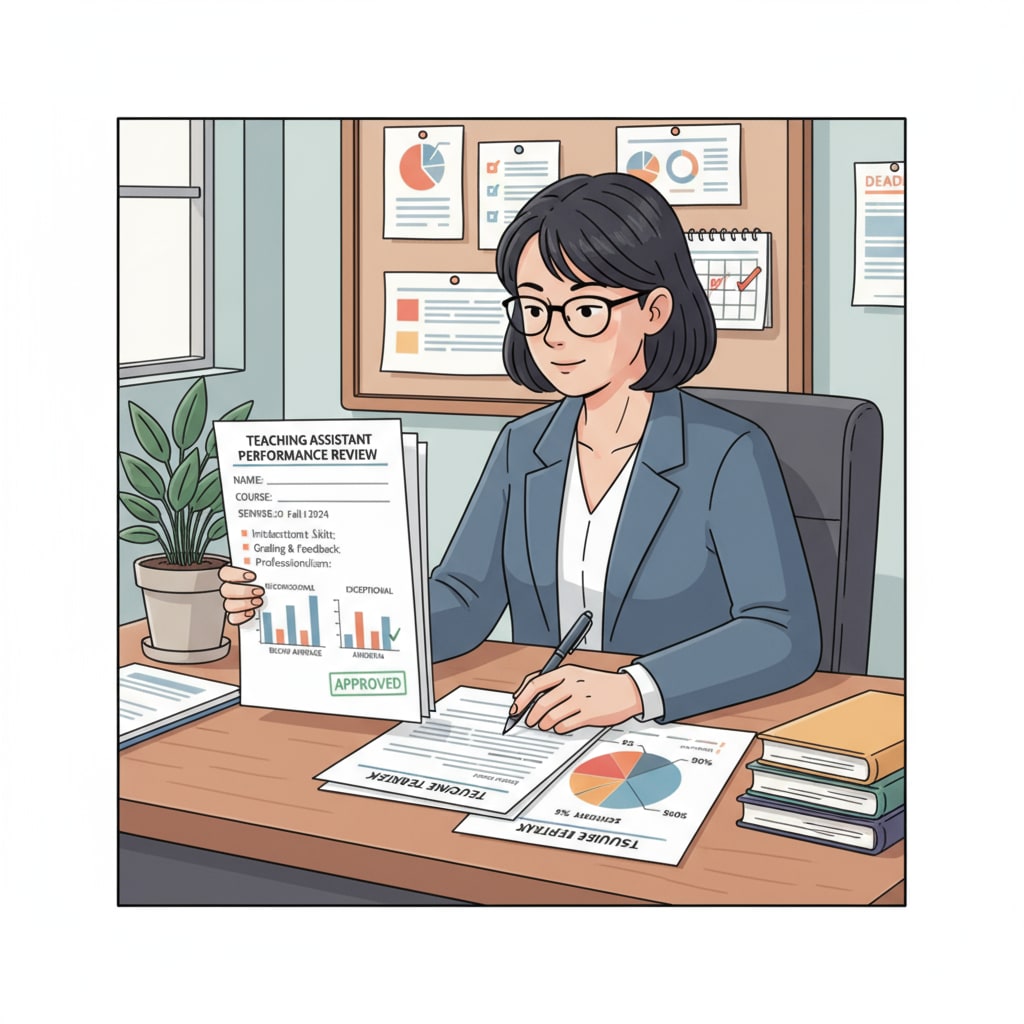 An administrative supervisor is sitting at their desk in an office, looking at documents related to the teaching assistant's performance. An administrative supervisor evaluating a teaching assistant's work for a recommendation in the teacher training program