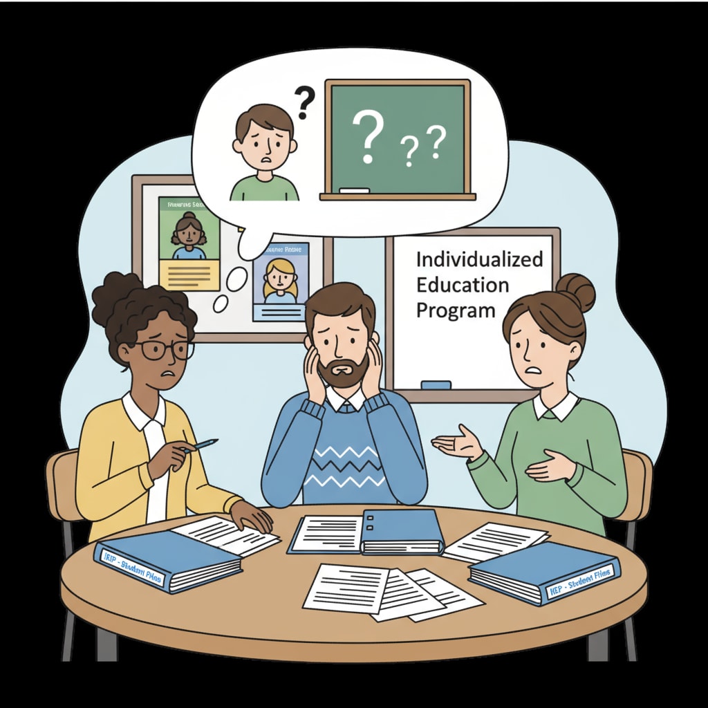 A group of special education teaching assistants sitting around a table, discussing IEP files with concerned expressions. Special education teaching assistants facing reading comprehension difficulties with IEP files