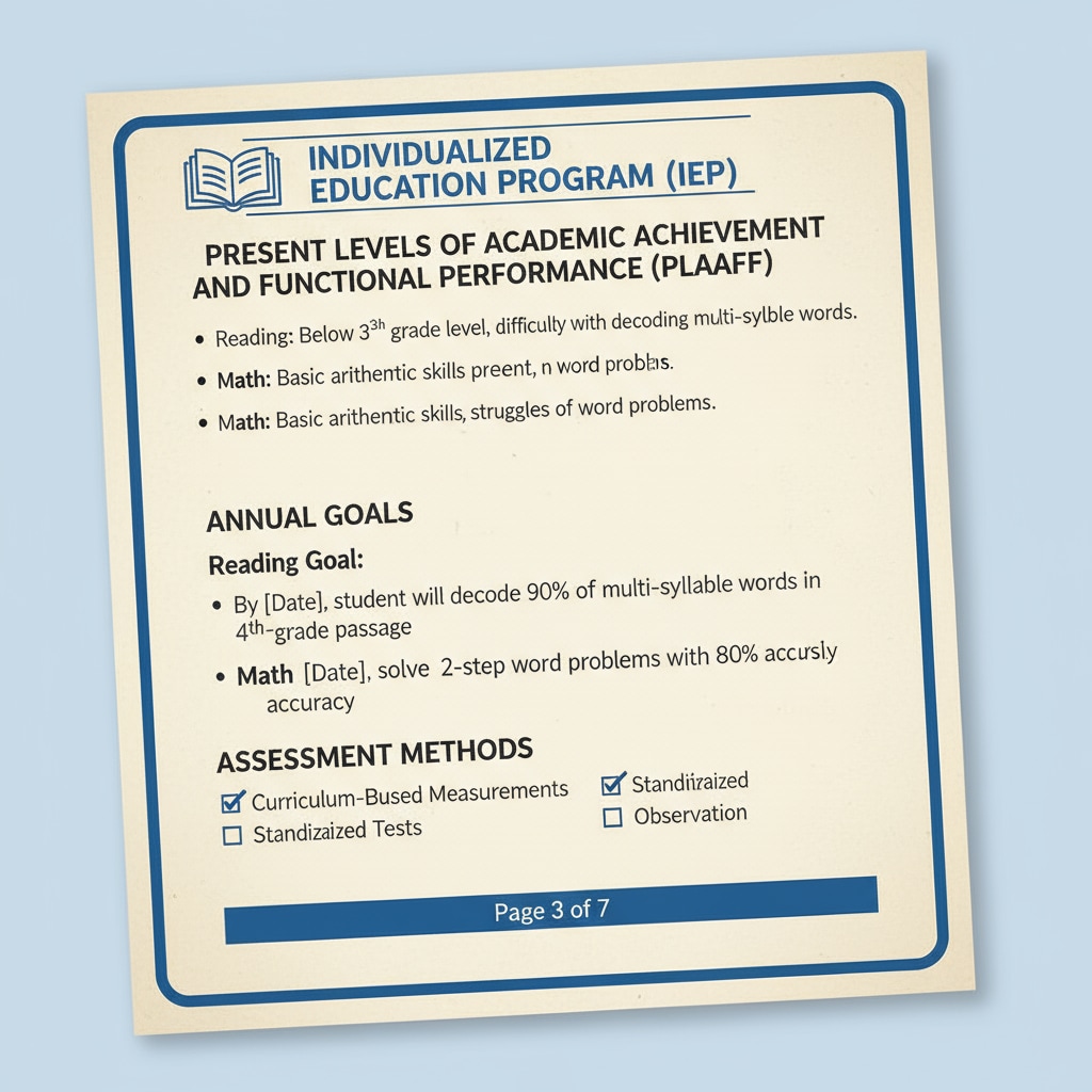 A close-up of an IEP document page, showing various educational terms, goals, and assessment sections. An IEP document page highlighting the complexity that causes reading difficulties for special education teaching assistants