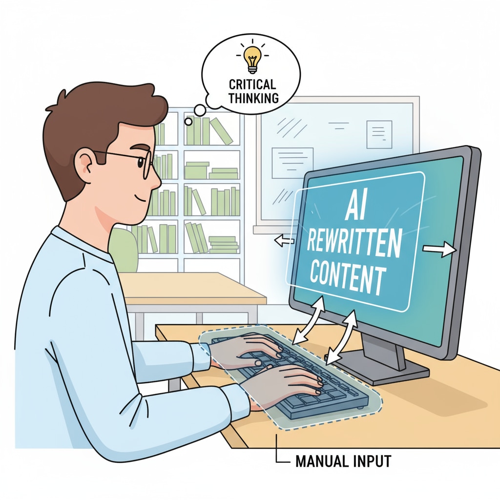 An illustration showing a student typing AI rewritten content on a keyboard, highlighting the act of manual input. Manual input of AI rewritten content by a student
