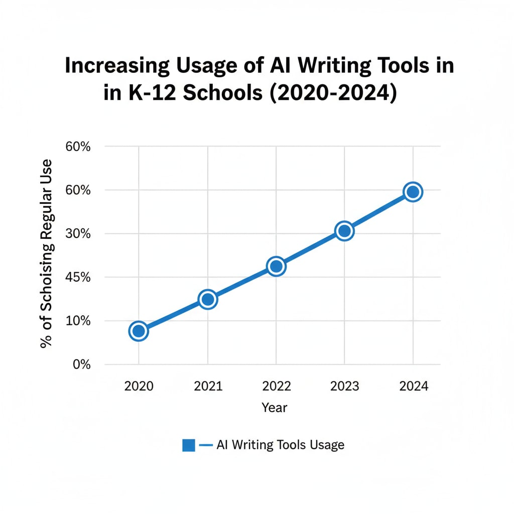 A graph depicting the increasing usage of AI writing tools in K12 schools over the past few years. Graph showing the growth of AI writing tool usage in K12 education