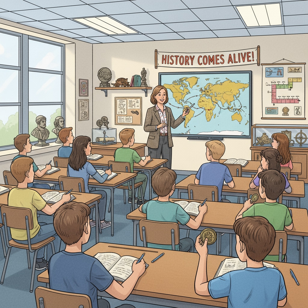 A classroom scene where students are attentively listening to a history teacher, which reflects the practical aspect of history education in the teaching profession. Students listening to a history teacher in the context of teaching profession, history education, and university application