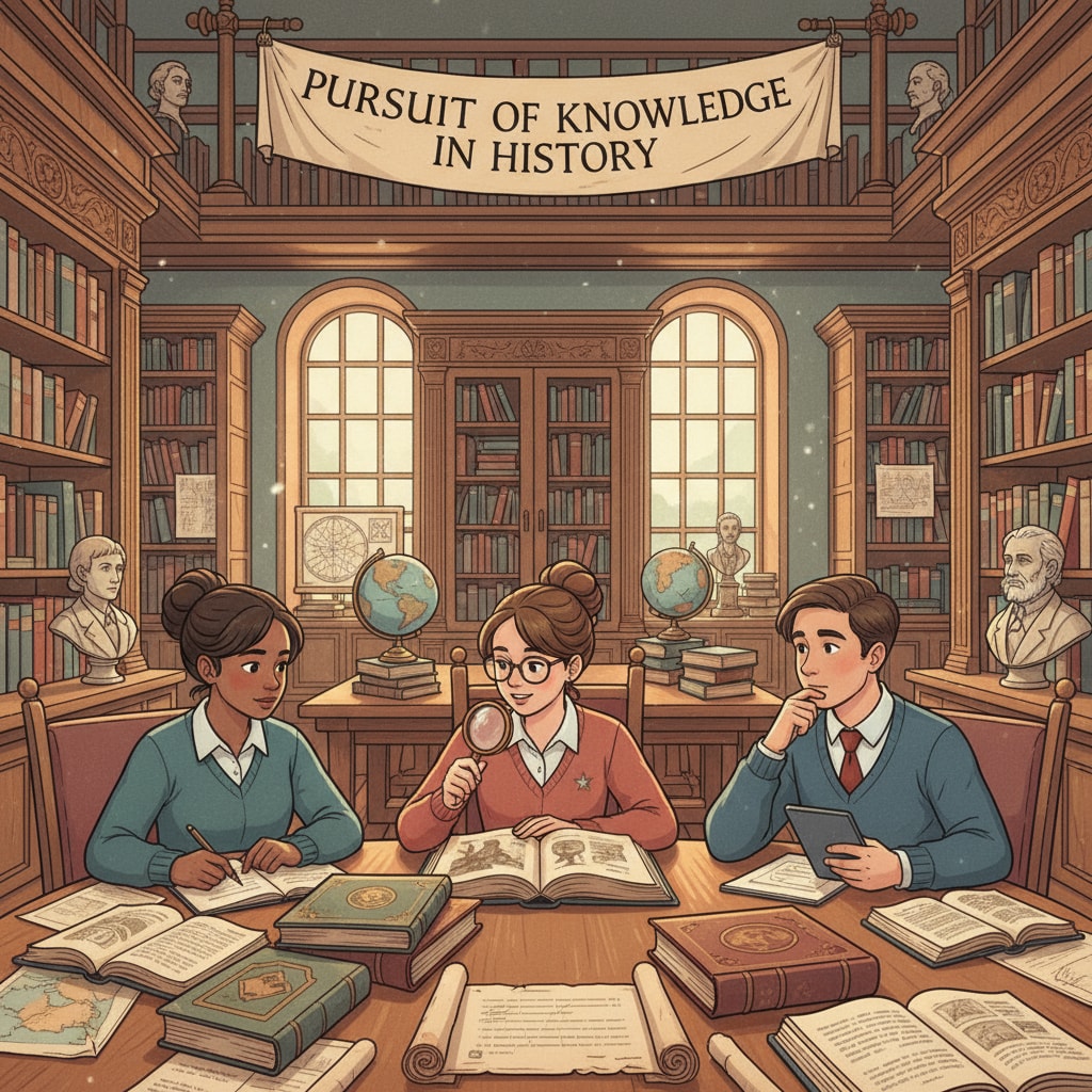 Students studying historical books in a university library, indicating the academic pursuit in history education during the university application and learning process. Students studying history books related to teaching profession, history education, and university application