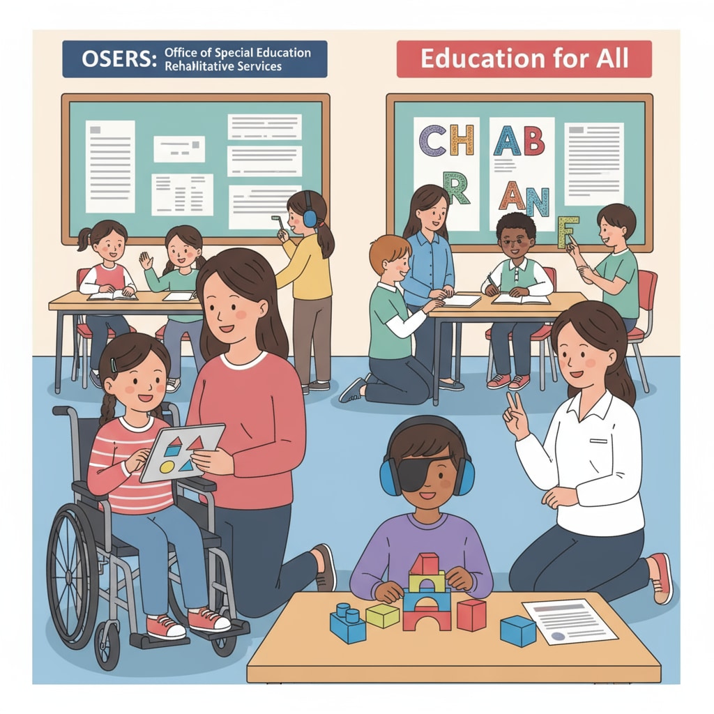 A classroom scene with students having different special needs, being attended to by teachers, highlighting the importance of OSERS in facilitating proper education. A classroom scene related to special education during potential government shutdown affecting OSERS