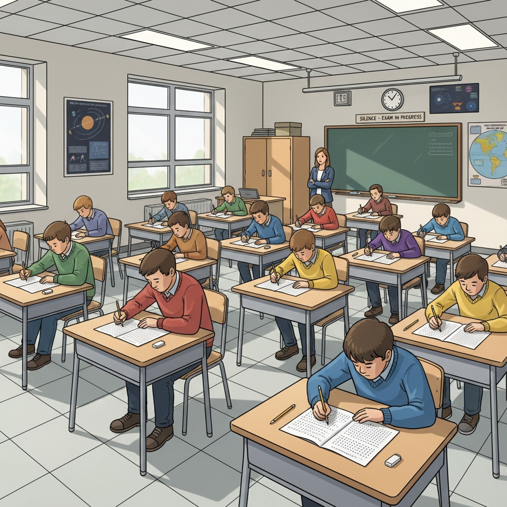 A group of students taking a standardized test in a classroom. Desks are arranged in rows, and students are concentrating on their test papers. Students taking a standardized test as part of the No Child Left Behind policy requirements.