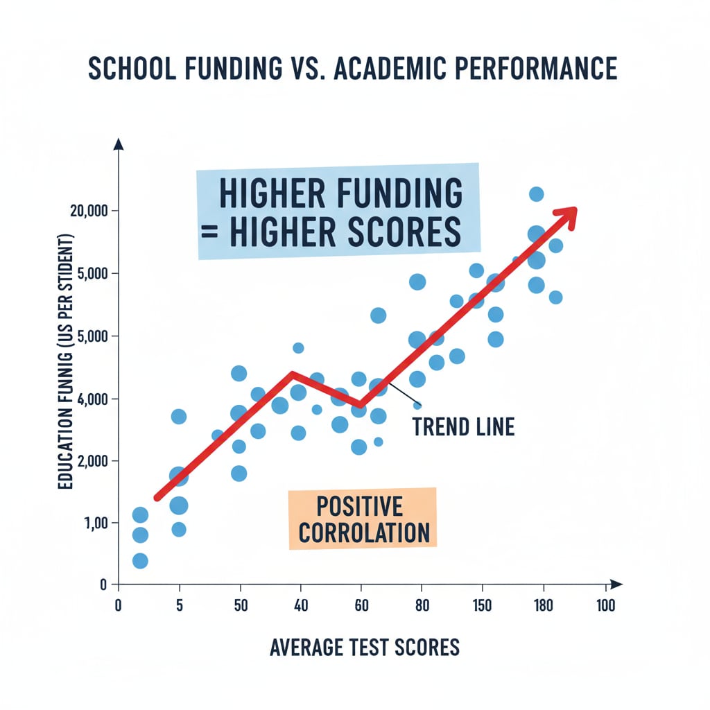 A graph showing the relationship between test scores and education funding in schools. The x-axis represents test scores, and the y-axis represents the amount of funding received. Graph depicting the correlation between test scores and education funding under the No Child Left Behind policy.